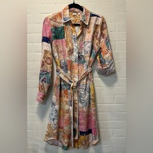 Magaschoni 100% Linen Patchwork Paisley Shirt Dress Belted Boho Midi Size Small